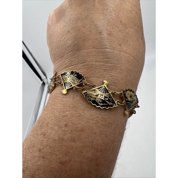 Vintage Amita Damascene Fan Link 3 Piece Set 24k Gold Plated Japan Full Parure - Picture 8 of 14